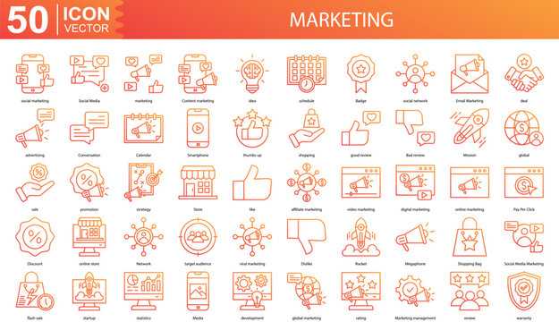 Marketing icon collection set. Containing social marketing, Social Media, marketing, Content marketing, Idea icon. Simple line vector