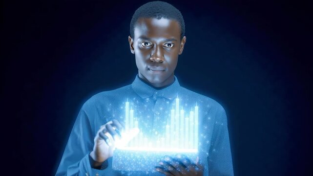 Technology data analysis graph tablet digital glow business finance information focused user explores hologram analytics innovation, blue light future concept night scene, rising upward bar graph