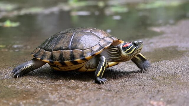 A red-eared slider turtle walking on a wet concrete surface next to a body of water.