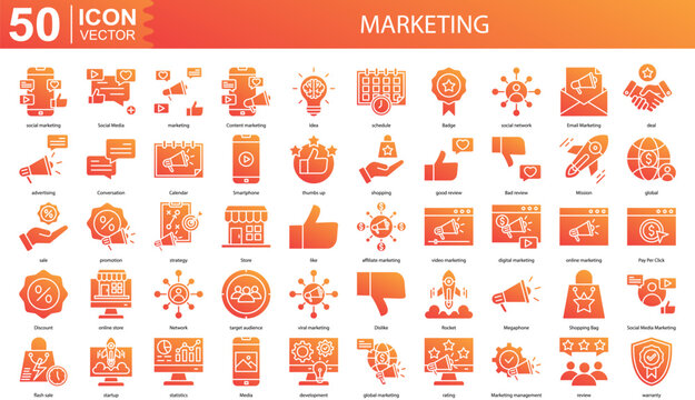 Marketing icon collection set. Containing social marketing, Social Media, marketing, Content marketing, Idea icon. Simple line vector