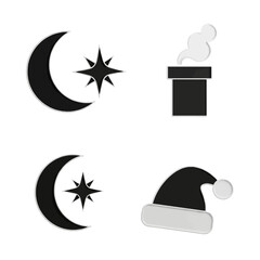 Grayscale Christmas and winter night icons: moon, star, chimney, and Santa hat.