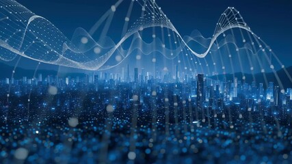 Futuristic city smart network digital skyline blue neon, data wave technology and information flow over urban night wireless signal and big data pulse through cyberpunk architecture modern smart city - Powered by Adobe