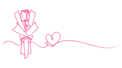 bouquet of red roses with ribbon in line art style