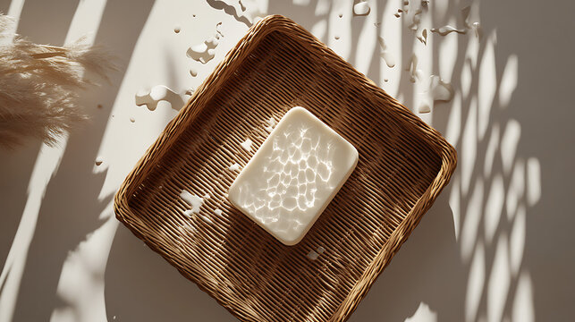 Organic white soap bar in a textured wicker tray, highlighted by gentle sunlight and artistic shadows, creating a tranquil scene for natural wellness and self-care routines