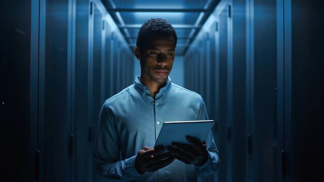 Smartphone tablet server data network security cloud technology information corridor focused engineer modern data center manages network security and information with tablet, calm professional