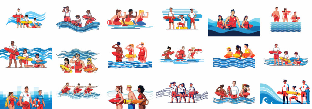 Professional Lifeguard Teams and Water Safety Personnel Collection: Diverse characters ready for rescue and surveillance duties in stylized waves.