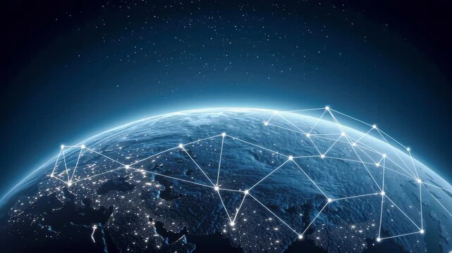 Global network connection digital communication data exchange Earth via satellite link night sky technology internet connectivity cyber map glow light star orbit space network polygon line grid world