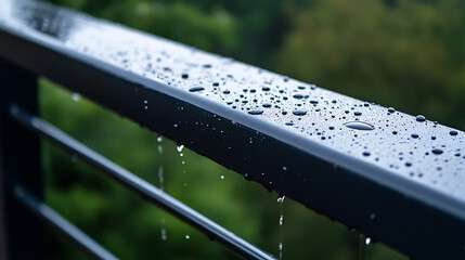 Close-up of raindrops on a dark metal railing with a blurred green forest background
