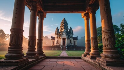 Ancient temple framed by columns at sunrise with a beautiful sky
