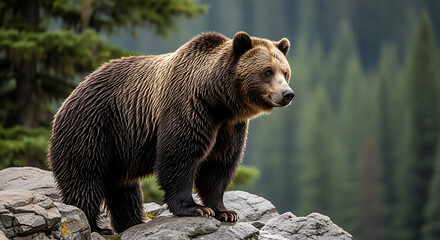 Brown bear on rocks with forest background