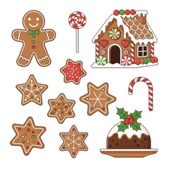 Assortment of Festive Christmas Gingerbread Cookies, House, Pudding, and Candies
