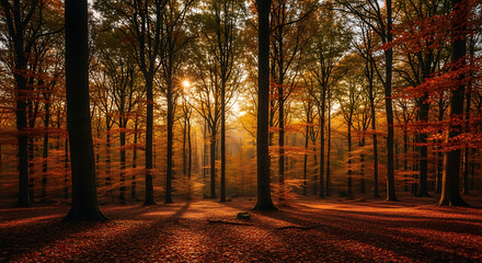 Autumn forest with sunlight at evening day