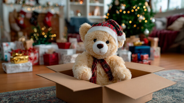 Teddy bear emerging from gift box during Christmas