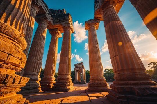 Ancient Greek columns bathed in sunlight under a bright blue sky - Powered by Adobe