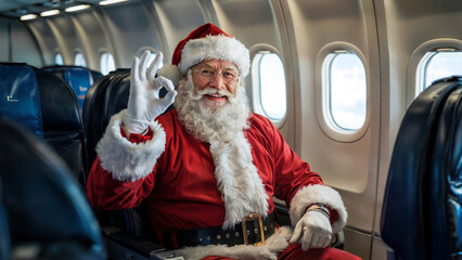 Santa Claus in airplane seat celebrating Christmas holiday travel