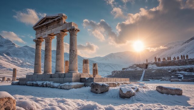 Ancient Roman ruins in winter with snow-covered landscape and mountains