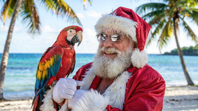 Santa Claus with parrot on tropical beach during holiday season - Powered by Adobe