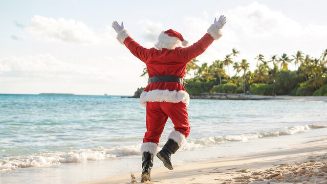 Santa Claus celebrating on tropical beach with joyful holiday spirit