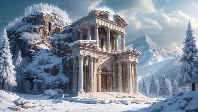 Ancient temple in a snowy mountain landscape under a cloudy sky