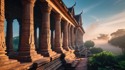 Ancient temple with columns in the morning mist and golden sunlight