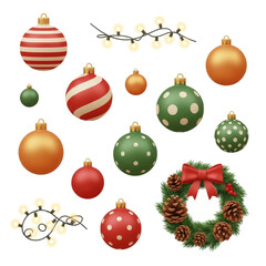 A festive collection of 3D style Christmas decorations including colorful baubles, a pine wreath, and glowing string lights.
