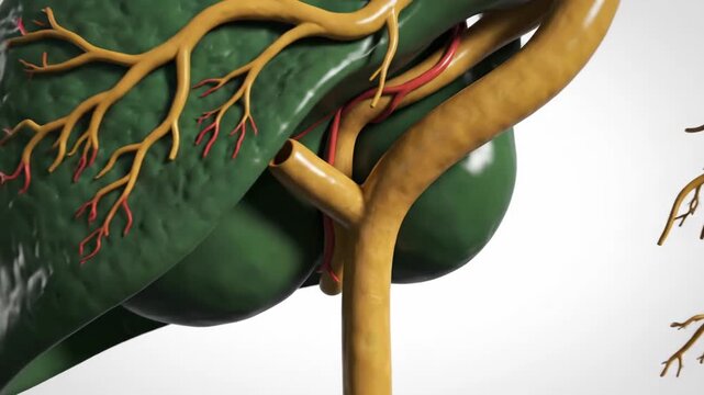 Animated 3D model of the human gallbladder and biliary tree system, connected to the liver.