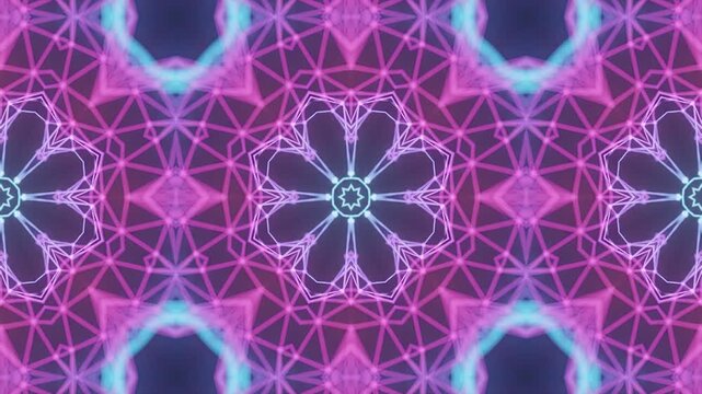 Abstract Kaleidoscopic Geometric Background with Neon Glowing Light Effects in Psychedelic Colors. Seamless looping 4k video background 