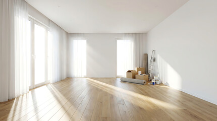 日差しが差し込むリフォーム中の明るい空のリビングルーム