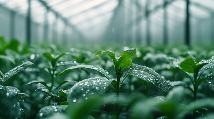 Greenhouse Oasis Lush Plants Thriving Under Gentle Rain, Cultivated in a Controlled Environment
