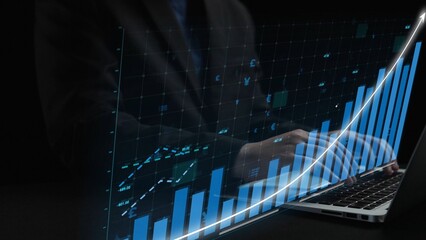 A businessman engages with financial data displayed on a laptop screen, showcasing stock market graphs and charts in a contemporary dark setting featuring neon elements. Copula