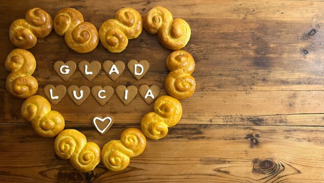 Swedish text Glad Lucia in a heart of lussekatter, saffron buns and gingerbread, traditional Santa Lucia greeting