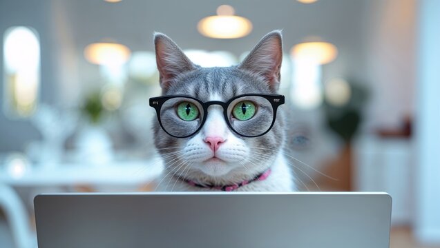 Smart cat wearing glasses working on a laptop computer, close-up portrait