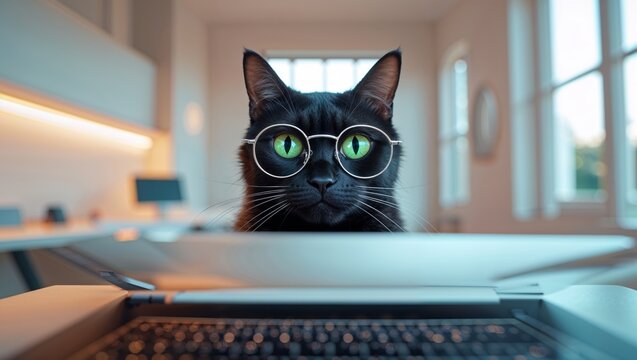 Smart black cat wearing glasses working on a laptop in a modern office