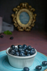 Blueberries at different stages of ripeness create a chromatic gradient from pale green to almost black on the branch.