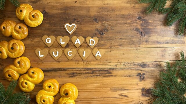 Swedish text Glad Lucia with lussekatter and gingerbread hearts, festive Swedish Santa Lucia greeting with copy space