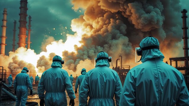 Hazmat team investigates industrial disaster with billowing smoke and factory stacks