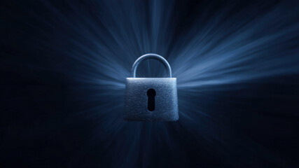 Cyber security data protection privacy lock padlock keyhole encryption technology network safety glow blue light with dramatic cinematic movement, symbol of secure access and information protection