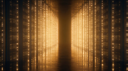 Data center server room network technology information storage corridor lights Glowing data center corridor with endless server racks, twinkling lights, cinematic movement, high resolution detail