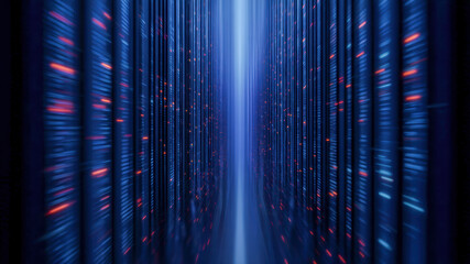 Neon data stream server corridor glowing lights network speed blue technology hallway motion blur