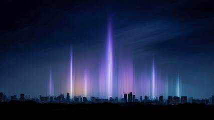 Neon skyline futuristic city night blue purple glowing beam network digital technology cyberpunk mood pulses across urban horizon with radiant light pillars over cityscape