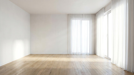 柔らかな日差しが差し込むミニマルな空きリビングルーム