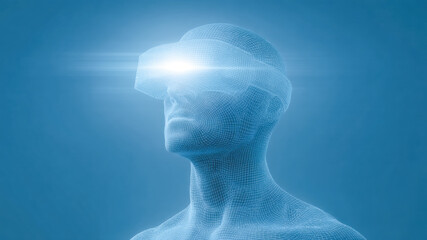 Virtual reality headset digital human hologram blue wireframe futuristic cyber Immersive virtual reality headset digital human hologram blue wireframe, futuristic design conveys cutting edge
