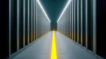 Futuristic data center corridor server rack neon light symmetric hallway yellow line modern infrastructure cybersecurity network technology digital