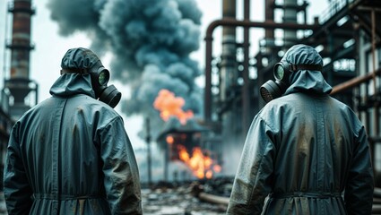 Naklejka premium Hazmat workers survey industrial disaster with fire and smoke in the background