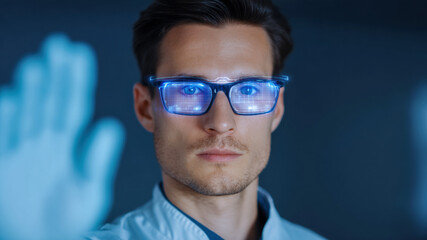 Futuristic smart eyewear digital data display hologram blue light man adult male face portrait focus science lab research vision screen innovation cyber virtual interface augmented reality glasses