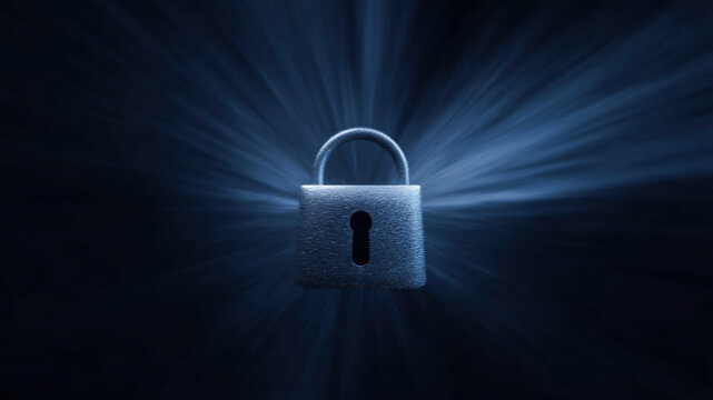 Cyber security data protection privacy lock padlock keyhole encryption technology network safety glow blue light with dramatic cinematic movement, symbol of secure access and information protection