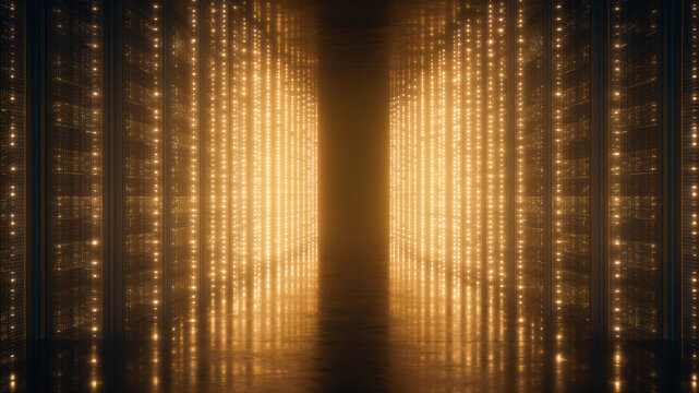 Data center server room network technology information storage corridor lights Glowing data center corridor with endless server racks, twinkling lights, cinematic movement, high resolution detail