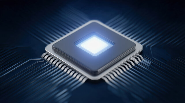 Glowing microchip central processor ai symbol digital circuit futuristic technology data processing high tech blue light microelectronics innovation concept focus motherboard trace network