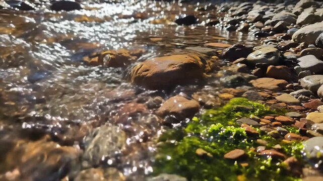 A detailed close-up view of a shallow, clear stream gently flowing over smooth, multicolored river rocks. Vibrant green moss grows in patches on some of the stones on the bank.
