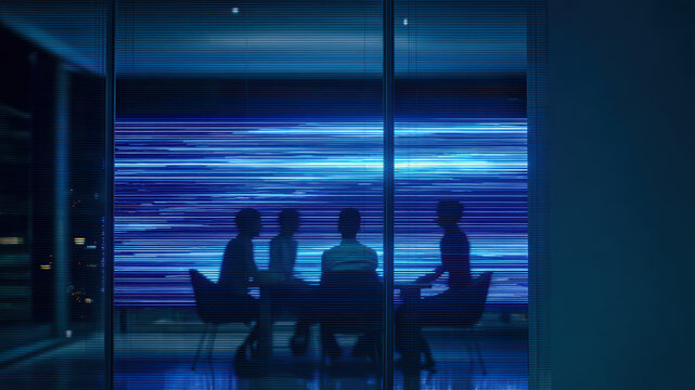 Business meeting office silhouettes glass wall blue light data lines digital technology teamwork strategy pulses with focus and anticipation modern workspace while leaders align vision and plan